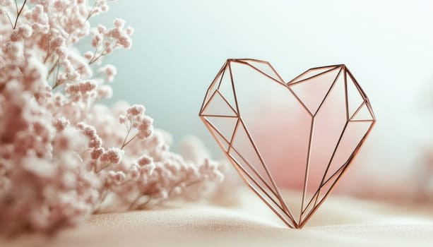 Rose gold polygonal heart is shining near gypsophila flowers on a pastel background