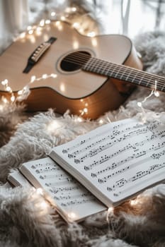 Acoustic guitar and sheet music rest on a soft blanket, adorned with warm fairy lights, evoking a cozy and musical ambiance
