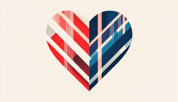 Geometric heart composed of intersecting red and blue stripes on a light beige background