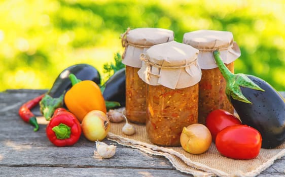 Preserving eggplants in a jar. Selective focus. food.