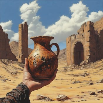 A hand holding a rustic clay jug against the backdrop of an ancient desert ruin under a blue sky, evoking history, survival, and heritage.