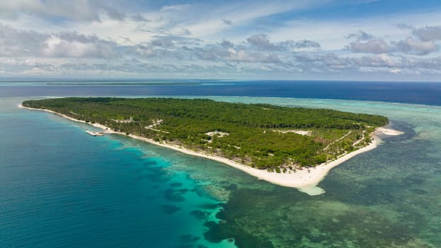 Aerial view of island with beautiful beach, palm trees by turquoise water view from above. Patongong Island with sandy beach. Balabac, Palawan. Philippines.
