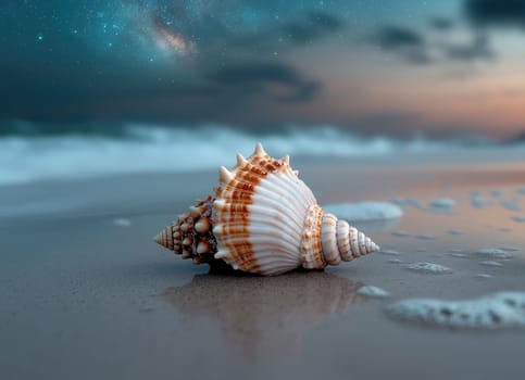 Conch Shell: delicate seashell, beach setting, tranquil ambiance, coastal beauty, sandy shore, peaceful sound, natural ornament, oceanic charm, serene atmosphere, captivating ocean view,