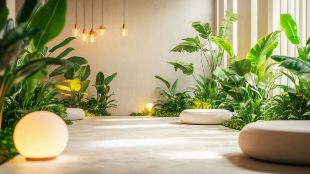 Lush tropical indoor garden enhances beige modern interior design with warm lighting, creating a serene and inviting atmosphere