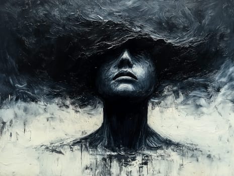 A woman's face is painted on a canvas with a hat covering her head. The painting has a dark and moody atmosphere, with the woman's face and hat being the main focus. The use of black