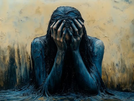 A woman is in a painting with her hands on her face. The painting is dark and moody, with a sense of sadness and despair. The woman's expression is one of deep contemplation or grief