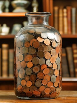 A glass jar filled with pennies is placed on a wooden table. The jar is overflowing with coins, creating a sense of abundance and wealth. The table beneath the jar is made of wood, adding a rustic