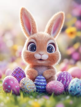 A cartoon rabbit is sitting on a field of Easter eggs. The rabbit is holding an egg in its mouth