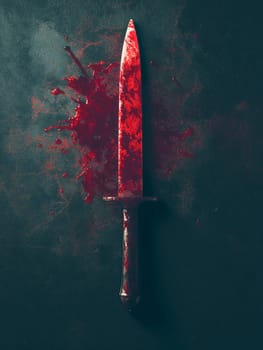 A bloody knife is on a black background. The knife is red and has blood on it. The image has a dark and ominous mood