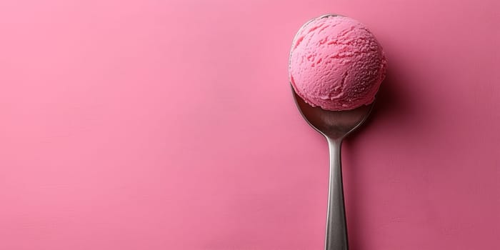A silver spoon with a scoop of pink ice cream on it. The spoon is placed on a pink background, creating a visually appealing contrast between the two colors. The ice cream appears to be a soft
