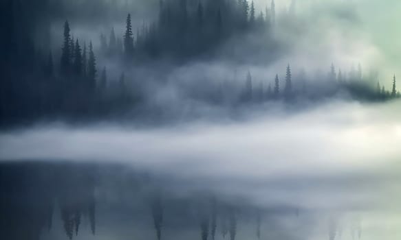 A foggy forest with trees and a lake. The trees are tall and the lake is calm