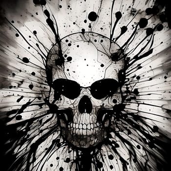 A skull with a black face and a white background. The skull is surrounded by black paint splatters, giving it a chaotic and violent appearance. Concept of danger and fear, as well as a dark