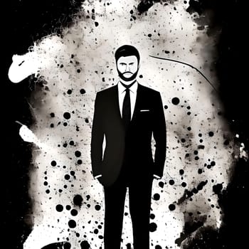 A man in a suit stands in front of a splatter of paint. The splatter is black and white, and the man is the only color in the image