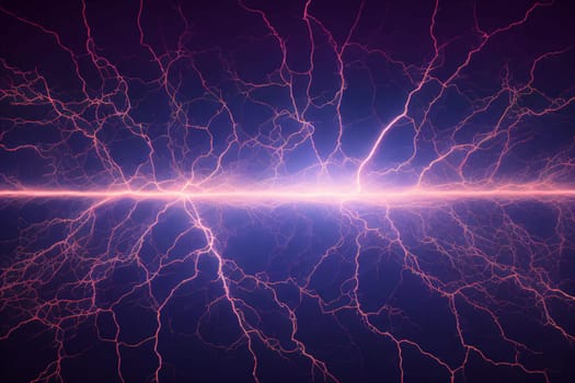 A purple sky with a bright orange line of lightning. The sky is dark and the lightning is bright and powerful