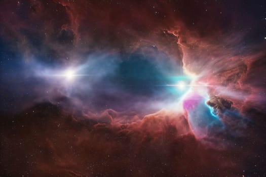 A colorful space scene with a red cloud in the middle. The stars are scattered throughout the sky
