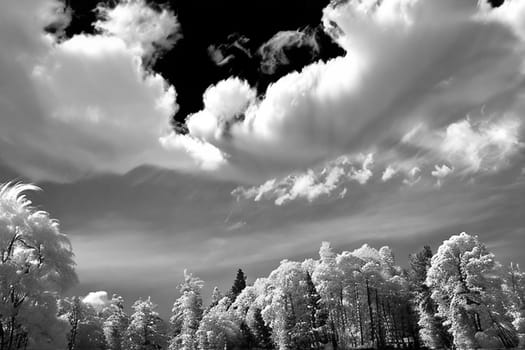 A black and white photo of a cloudy sky with trees in the foreground. Scene is serene and peaceful, with the clouds and trees creating a sense of calmness and tranquility