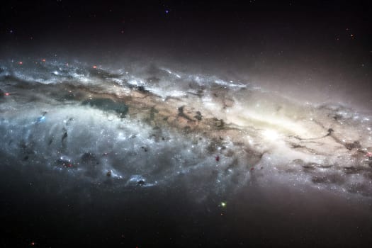 A vast, star-filled sky with a spiral galaxy in the center. The galaxy is surrounded by a cloud of dust and gas, and there are many stars scattered throughout the scene