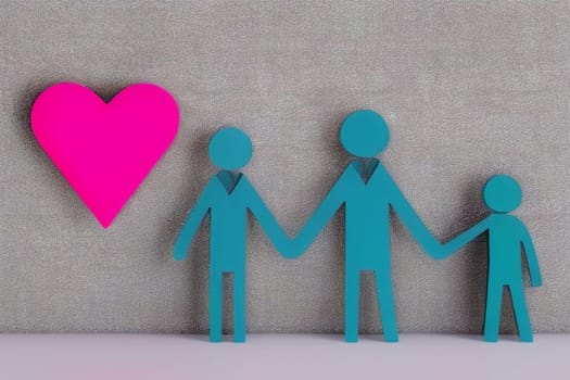 A blue family with a pink heart in the background. The family is holding hands and the heart is pink