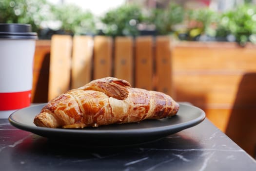 A delightful flaky croissant beautifully served on a plate alongside a warm coffee cup