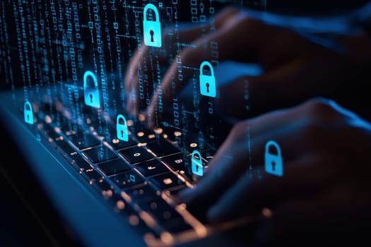 closeup of hands holding on laptop with security digital lock icons on screen ..