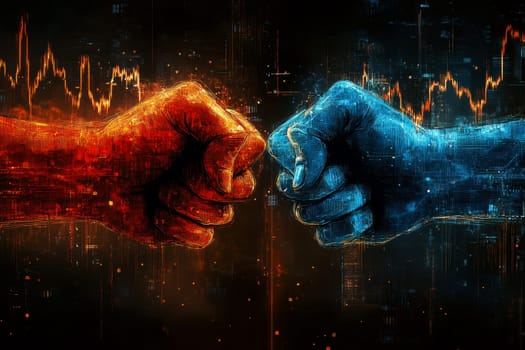 red and blue hands clenched into fists against the background , the confrontation between the two countries, concept.