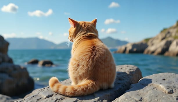 Red cat on the background of a seascape