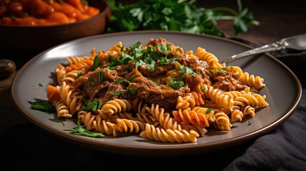 Salad with fusilli pasta accompanied smoked ham and italian cheese. High quality photo