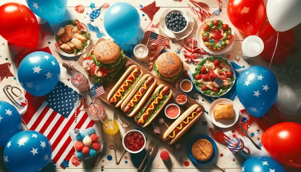 This ultra close-up image brings out the bright and light aspects of a July 4th celebration, focusing on the vivid colors and detailed textures of festive decorations and sumptuous party foods on a light wooden table.