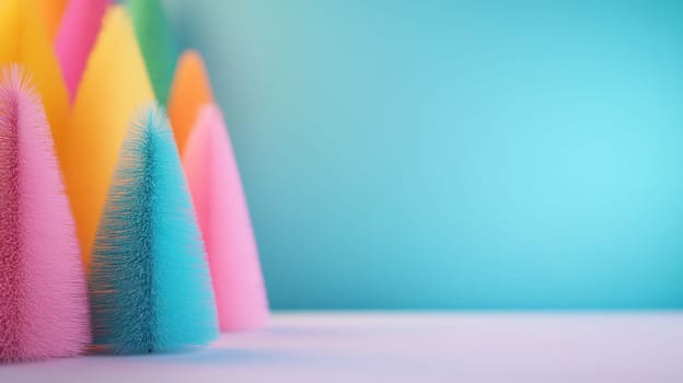 Colorful decorative trees create vibrant and festive atmosphere, perfect for celebrations. soft textures and bright hues add playful touch to any setting.