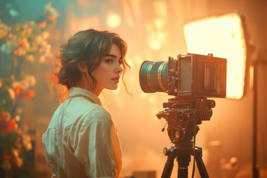 photographer using vintage camera in modern studio setting, surrounded by warm lighting and floral decorations, captures moment of creativity and inspiration.