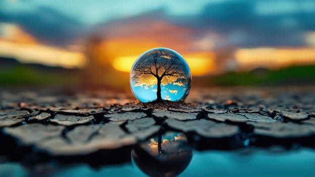 water droplet reflects tree and sky on cracked ground, symbolizing nature resilience. vibrant colors evoke sense of hope and beauty in fragile environment.