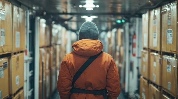 person in orange jacket walks through corridor lined with boxes, creating sense of exploration and curiosity.