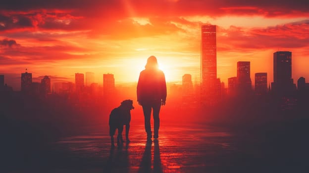silhouette of person walking with guide dog against vibrant sunset skyline, evoking sense of companionship and tranquility.