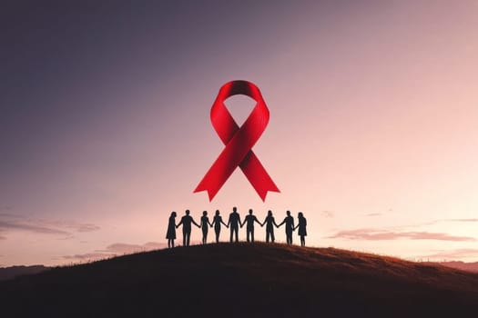 Silhouette of people holding hands in support under red ribbon symbolizing unity and awareness for World AIDS Day. powerful image representing hope and solidarity.