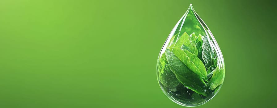 large water drop contains vibrant green leaves, symbolizing nature beauty and freshness. image evokes sense of tranquility and environmental awareness.