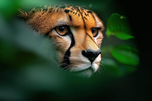 Powerful cheetah profile with intense eyes peering through lush foliage, showcasing its striking features and natural habitat.