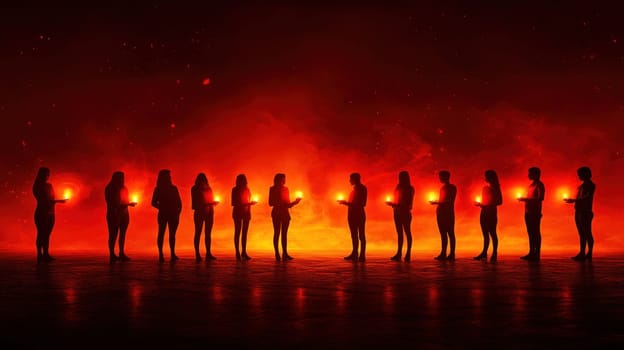 Silhouettes of people holding candles in dark, fiery setting create powerful and emotional scene. warm glow of candles contrasts with deep red background, evoking sense of remembrance and unity.
