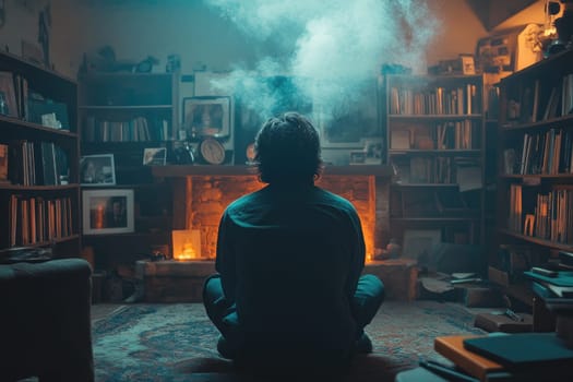 person meditating in cozy library with smoke and warm lighting creates serene atmosphere. shelves are filled with books, enhancing tranquil setting.