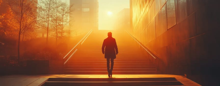 person walking up stairs in city during sunset, surrounded by warm light and fog, creating serene atmosphere.