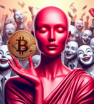 A woman holding a Bitcoin coin in front of a crowd of people. Scene is celebratory and optimistic, as the woman is surrounded by smiling faces. The concept of the image is to represent the excitement