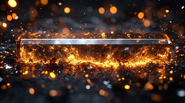 glowing crystal bar surrounded by fiery sparks and glowing particles creates mesmerizing visual effect. vibrant colors and dynamic lighting evoke sense of energy and transformation.
