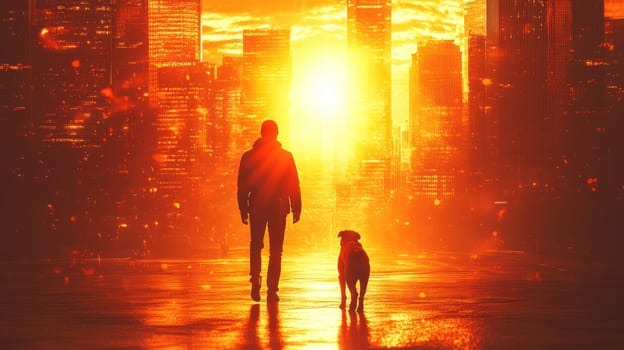 person walks with guide dog against stunning sunset in cityscape. warm colors create serene and emotional atmosphere, highlighting companionship and urban life.