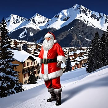 holiday New Year Santa Claus Andorra la Vella, background for stock, mountains snow tree. High quality illustration