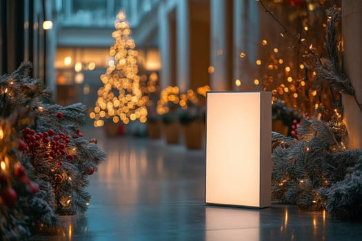 minimalist white lamp stands in festive corridor adorned with Christmas decorations, creating warm and inviting atmosphere. soft glow enhances holiday spirit.