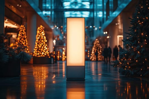 stylish illuminated menu board stands in festive mall, surrounded by beautifully decorated Christmas trees. warm glow creates cheerful atmosphere for holiday shoppers.