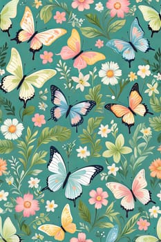 Eye-catching illustration of butterflies in flight, surrounded by blooming flowers and leaves. Perfect for seasonal promotions, nature-related projects, greeting cards, print, digital designs