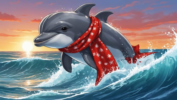 This playful dolphin joyfully leaps through sparkling waves, adorned with a Santa hat and a festive scarf, capturing the spirit of winter holidays in a vibrant ocean setting.