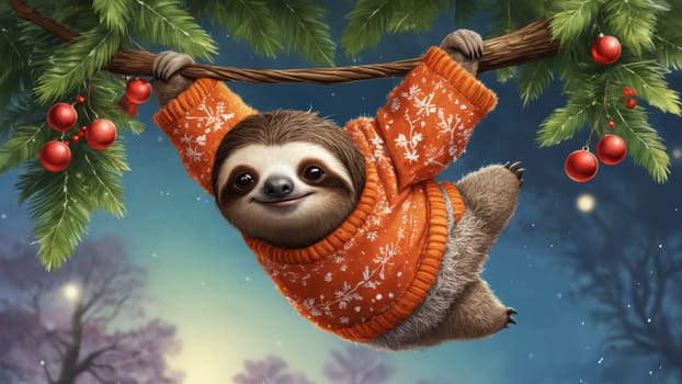 A joyful sloth, dressed in a wooly festive sweater, hangs from a branch adorned with Christmas decorations, radiating holiday cheer in a sparkling winter ambiance.