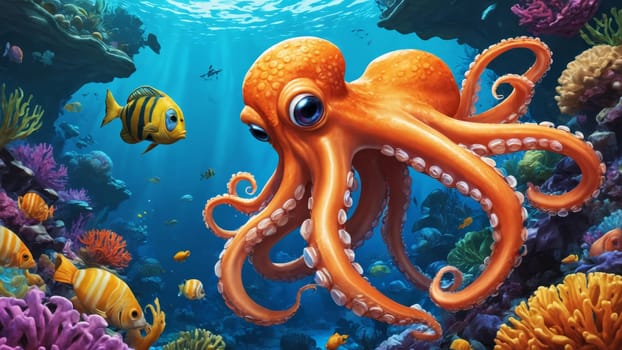 An enchanting octopus glides gracefully among vivid corals, illuminated by gentle rays filtering through the ocean. Colorful fish dart about, adding life to this magical underwater habitat.