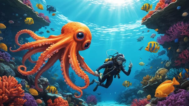 An orange octopus glides through a vibrant coral reef, surrounded by playful, colorful fish that dart among the corals, creating a lively underwater scene.